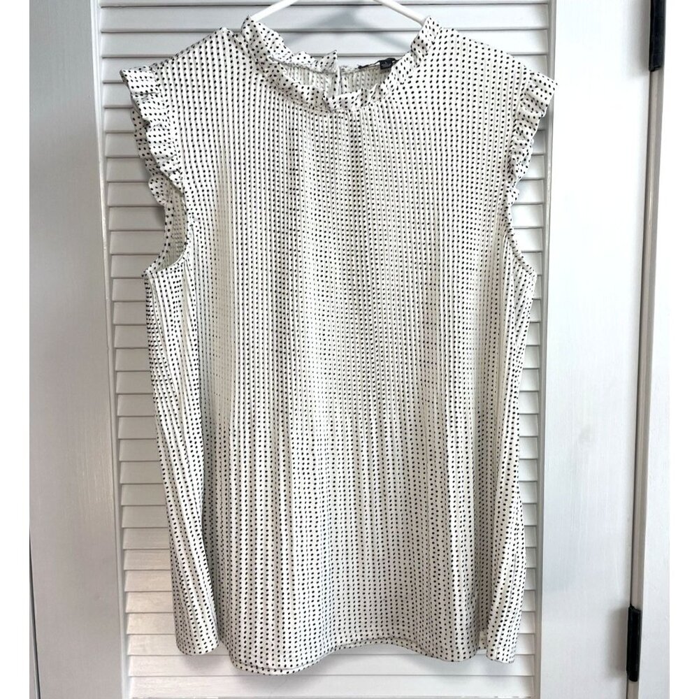 Adrianna Papell White Blouse with Black Polk-a-Dots Flowy Womens Sz L